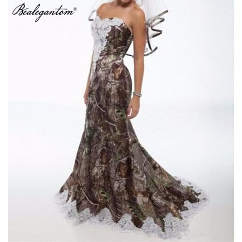 Bealegantom Cheap Mermaid Camo Wedding Dresses With Beaded Appliques Satin Long Wedding Party Dress Bridal Gowns WD25