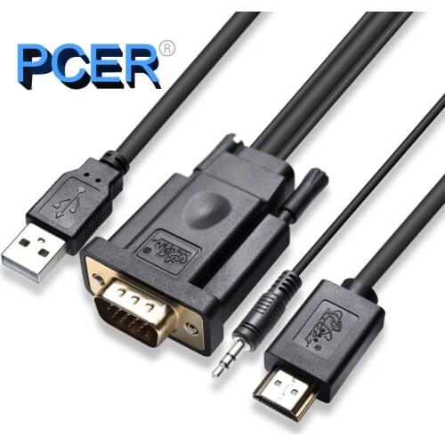 PCER VGA TO HDMI Cable male to male For PC Monitor HDTV Projector VGA HDMI cord wire extra USB audio cable