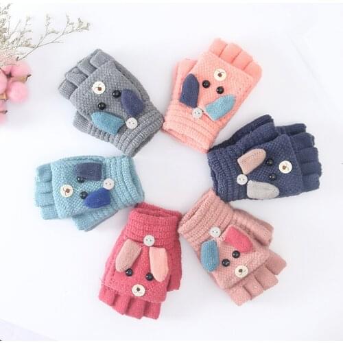 Baby Winter Gloves Children Girl Boy 4-12 Years Half Finger Flip Cover Gloves Boys Animal Warm Children Mittens Knitted Gloves