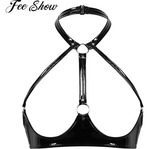 Sexy Womens Halter Neck Open Cup Bras Bralette Wet Look Patent Leather Lingerie Backless Wire-free Unlined Shelf Bra Top Harness