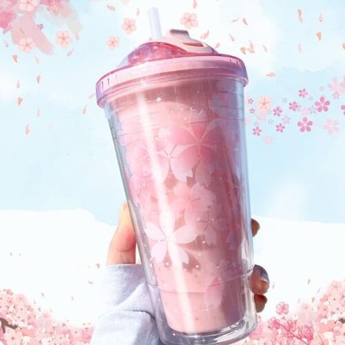 Sakura Plastic Cup with Lid Straw Water Bottle Drinking Juice Milk Coffee Mug Double Wall Insulated Tumbler BPA Free