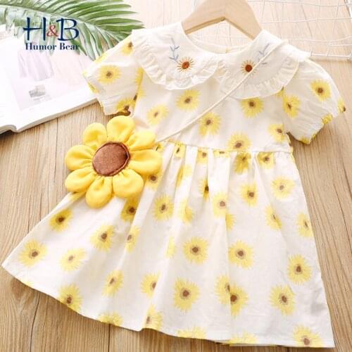 Humor Bear Girls Dress 2021 Summer New Puff-Sleeve Sunflower Printed Cute Kids Princess Dress Toddler Clothes For 2-6Y