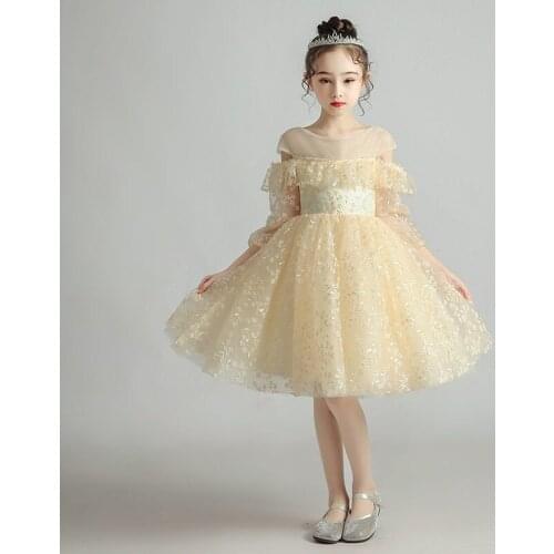 Flower Girl Dress Illusion Off The Shoulder Embroidery O-Neck Princess Knee-Length Tulle Lace Three Quarter Kids Party Gown H349