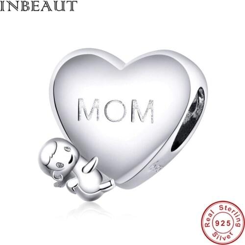 INBEAUT 100% Real 925 Sterling Silver Baby Girl Hug Mom Heart Charms fit Brand Bracelet Mothers Day Gift DIY Jewelry Making