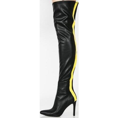 Drop Shipping Woman Black Yellow Patchwork Pu Pointed Toe Zip Stiletto Heels Over The Knee Thigh Long Martin Leather Boots Lady