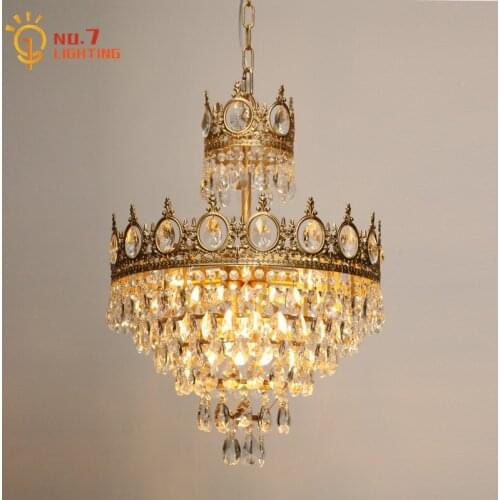 French Retro Copper Crystal Crown Pendant Light Gold Lustre Art Decorative Hanging Lamp Bedroom Bedside Aisle Living/Dining Room