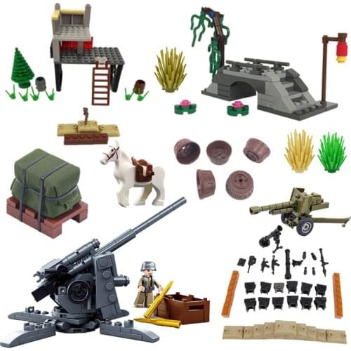 Military Series Toys For Children War Horse Flowers Pots Trees Willow Bridge Anti-Tank Gun Militaries Compatible Building Blocks