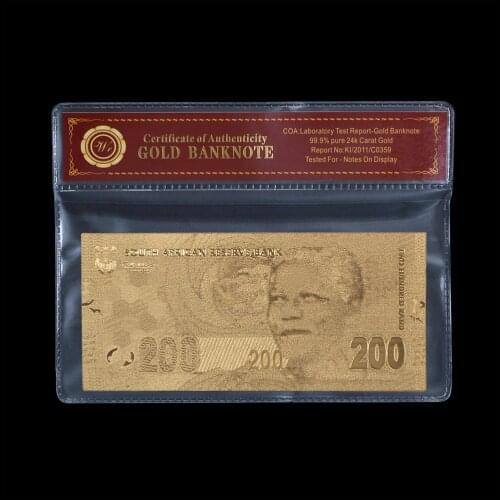 WR Metal Gold Foil Banknote Collection Banknote South Africa NELSON MANDELA 200 Rand with COA Promotion Gift