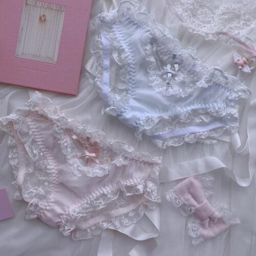 Japanese Sexy Lace Thong Panties Briefs Underwear Women Girls Pink Blue Ruffles Womans Panties Harajuku Kawaii Lolita Panty New