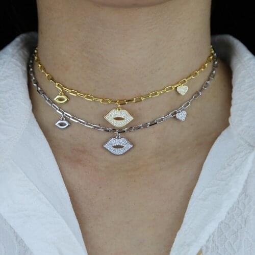 Love Kiss Dripping CZ Mouth Pendant Bling Micro Pave 5A Cubic Zirconia Safety Pin Open Link Chain Choker Necklace Women Jewelry