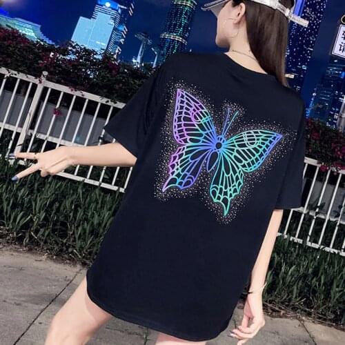 2021 Summer Butterfly Print T-shirt Women Korean Diamond Harajuku Shirt Short Sleeve Oversized T Shirts Cotton Long Top Clothes