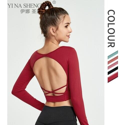 Yoga Shirt Woman Long Sleeve Stretchy Cross-Back Solid Color Gym Sport Tops Workout Sexy Shockproof Shirt Running Fitness Top