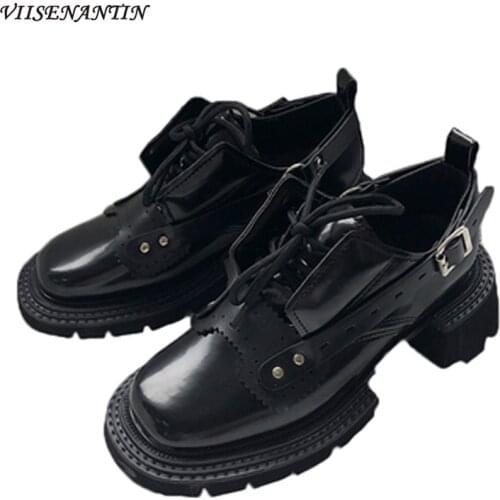 British Style 2020 New Round Toe Platform Heel Mules Pumps Belt Buckle Lace-Up All-match Retro Casual Microfiber Shoes Women