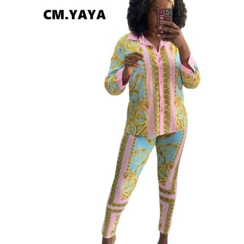 Lemon Gina Women Set Print Full Sleeve Turn-down Collar Single Breasted Shirts Tops Pencil Pants Two 2 Piece Sets Outfit Autumn