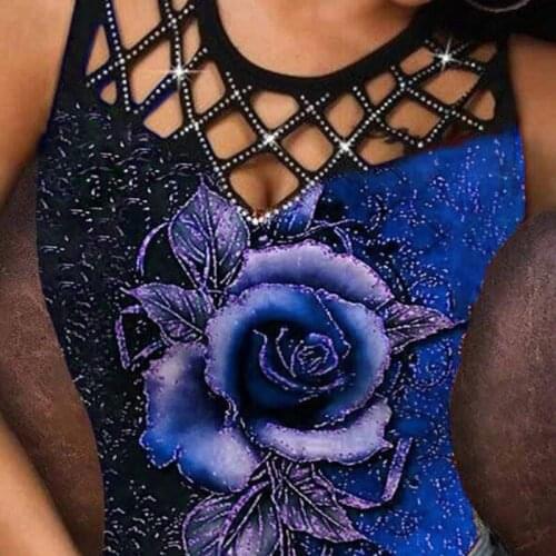 Womens Vest Summer Rose Print Sexy Hollow Sleeveless Top Fashion Plus Size Casual Sleeveless T-shirt New 2021
