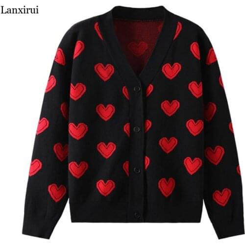 Heart Pattern Warm Sweater Jackets Spring Autumn Women Elegant Knitting Vintage V Neck Loose Thick Cardigan Coat C-110