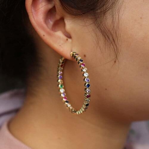 50mm big cz hoop earring with gold rainbow cz color trendy party jewelry luxury gorgeous women gift