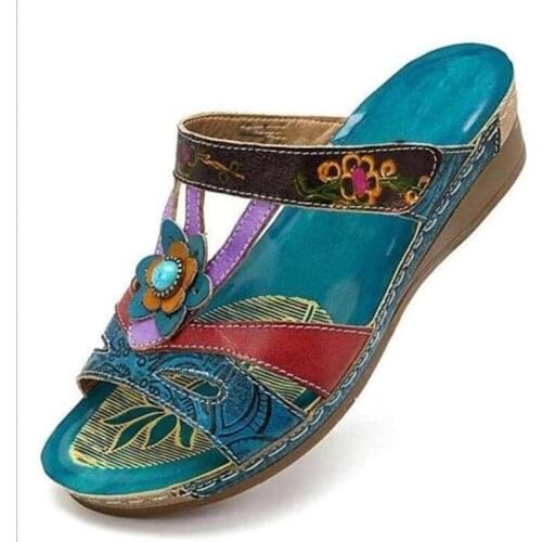 Summer Women Comfortable Wedge Sandals Ethnic Style Embroidery Open Toe Sandals Vintage Anti-Slip Leather Casual Mom Footwear