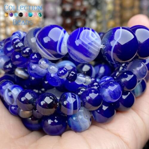 Natural Stone Blue Stripe Agates Spacer Loose Round Beads For Jewelry Making 4-12 MM DIY Bracelets Accessories Wholesale