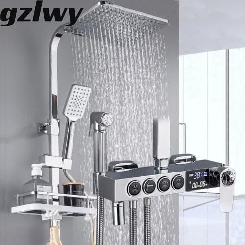 Black Thermostatic Digital Display Brass Rain Shower Faucet Holder Set Faucet Bathroom Shower Bidet Faucet Mixer Crane Faucet