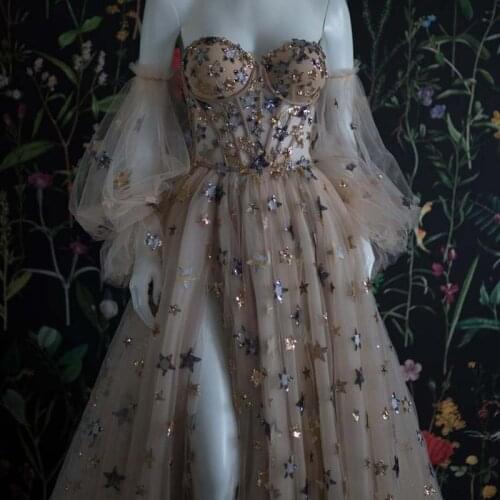 Sweetheart Neck Star Sequin Detachable Sleeves Prom Dress High Slit Backless Floor-length with A Train Elegant Luxury Party Gown