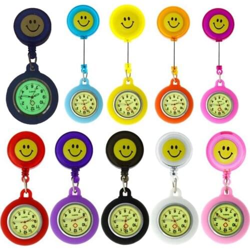 10pcs/lot Luminous cartoon badge reel smiling face smile Retractable rope rubber nurse pocket watches ladies women doctor watch