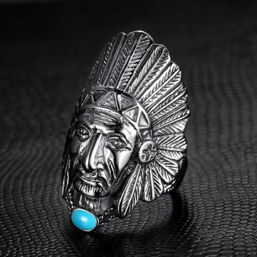 Megin D Vintage Personality Indian Chief Feather Turquoise Titanium Steel Mens Rings for Men Lover Friend Fashion Gift Jewelry