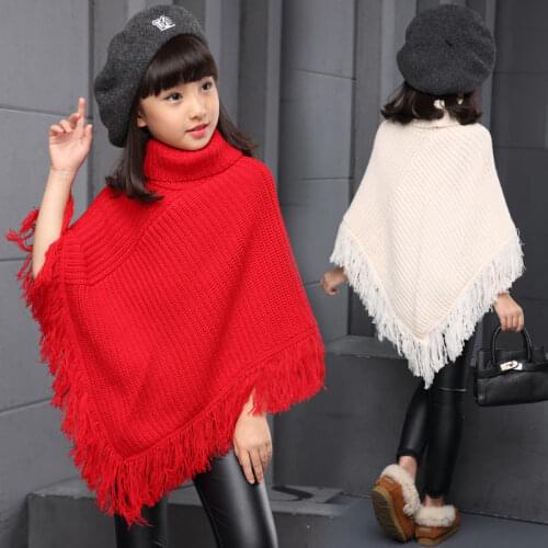 Red Poncho shawl cloak wrap cape for kid girl tassel turtleneck sweater knitwear baby children outwear warm coat cape & jackets