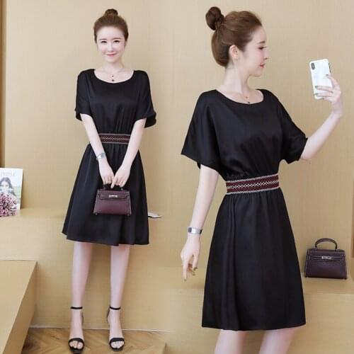 Summer Knee-Length A-Line Vintage Round Neck Slim Short Sleeve Fashion Elegant Casual Black Plus Size Woman Cocktail Dress