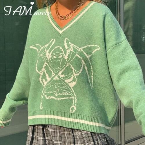V Neck Print Cute Oversized Womens Sweaters Harajuku Long Sleeve Jersey Knitted Pullover Jumper Fall Winter Down 2020 Iamhotty