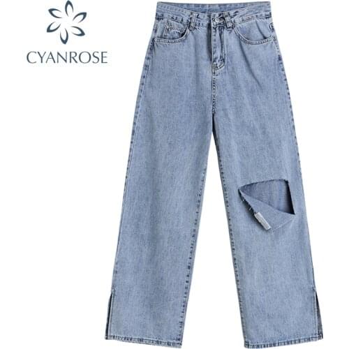 Fashion Ripped Jeans Women Vintage Streetwear Wide Leg Long Length Trousers Korean High Waist Loose Straight Denim Pant Female
