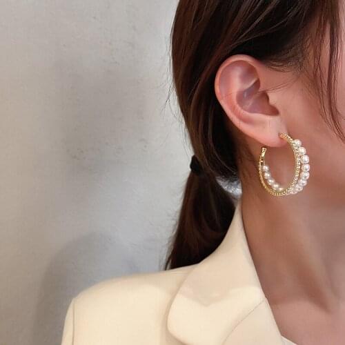 Fashion Earrings Diamond-studded Pearl Earrings Double Circle C-shaped Earrings Simple Earrings Cute Personalized Jewelry