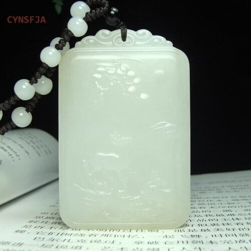 CYNSFJA Real Rare Certified Chinese Hetian White Jade Mens Amulet Wealthy Life Jade Pendant Hand Carved High Quality Best Gifts