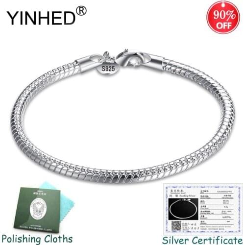 Send Silver Certificate! YINHED 100% 925 Sterling Silver Snake Bone Chain Bracelet for Women Fashion Jewelry S925 Stamped ZB026