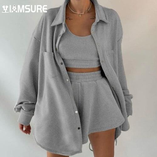 IAMSURE Casual Sporty Activewear Sweat Set Women Outfits Tracksuits 3 Pieces Sets Long Cardigan Croped Tanks High Waist Pants