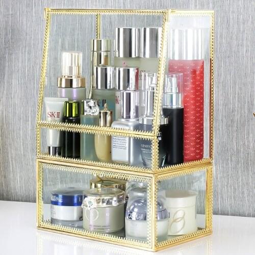 Dust-proof large grids glass makeup organizer perfume lipstick storage box gold makeup cosmetic organizer with door combine box