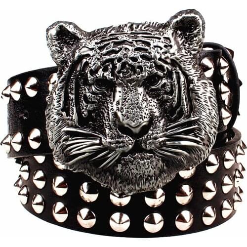 Fashion Metal rivet belt metal buckle mens belts cartoon animal tiger head heavy metal style belt punk rock big rivet belt