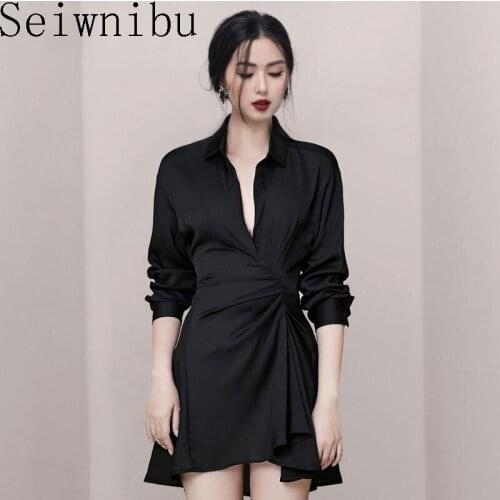 Seiwnibu Black Office Shirt Dress 2019 Autumn Women Long Sleeve Fold High Waist Irrgular Sexy Party Mini Dress
