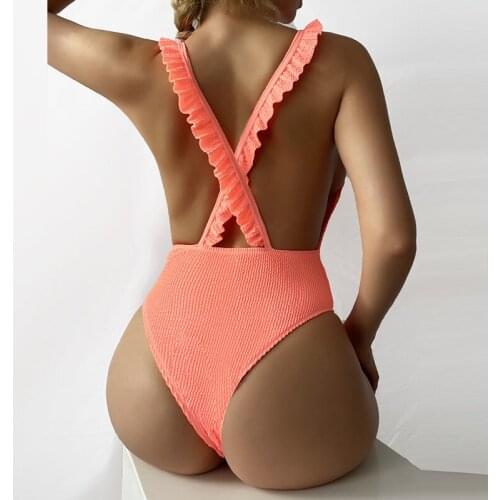 Sexy Ruffled Frilled Deep V High Cut One Piece Swimsuit Women Swimwear Female Cross Backless Monokini Bather Bathing Suit Swim