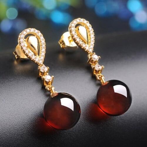 BLACK ANGEL 18K Gold Luxury Blood Amber Red Garnet Gemstone Long Drop Earrings 2020 New For Women Fashion Jewelry Christmas Gift