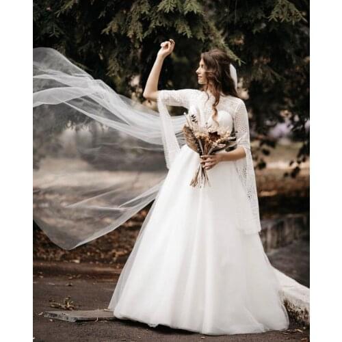 Boho Wedding Dress A-Line High Neck Flare Sleeve Lace Appliques Button Back Floor Length Sweep Train Bride Gown Custom Made New