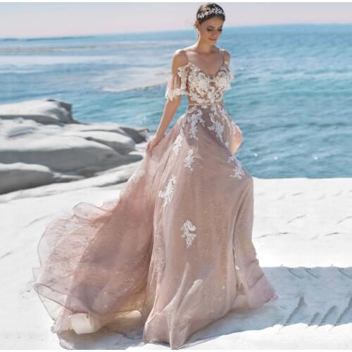 Thinyfull Champagne Summer Beach Wedding Dresses V Neck Spaghetti Strap Bride Dresses Tulle Lace Appliques Bridal Gown 2020