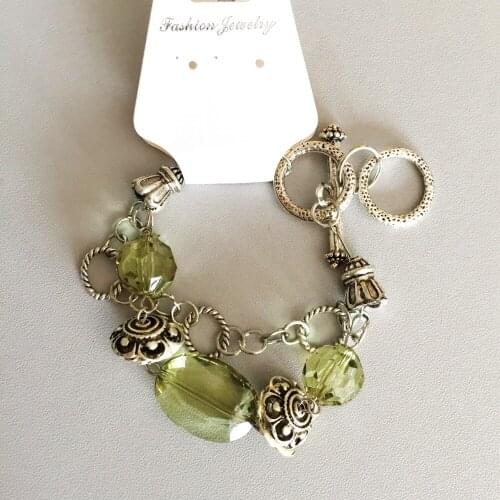 Vintage Imitated Ancient Silver Green Crystal Charms Bracelet 19-21 CM Adjustable Length Bracelet