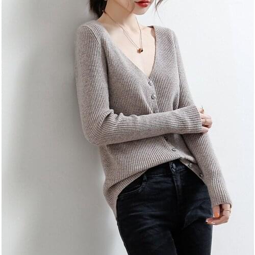 High-End 100% Cashmere Wool Women Elasticity V-Neck Cardigan Sweater 2021 Spring Autumn Warm Girl Clothes Soft knitted16 Colors