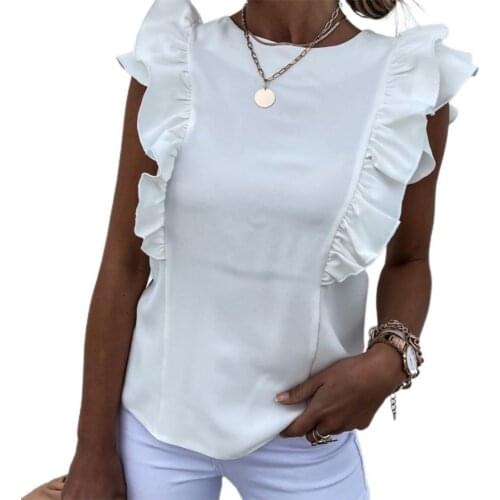 Women Blouse Solid Color Back Hollow Out Summer Ruffle Tie-Up Bow Sleeveless Top for Home