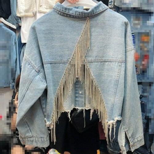 Women Casual Coat Loose Plus Inlaid Rhinestone Tassel Back Split Denim Jacket