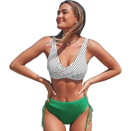 Womens Bikinis Padded Cups Swimsuits Front Cross Top Middle Waist Tie Side Floral Print Bottoms Swimwear Two Piece Bathing Suits