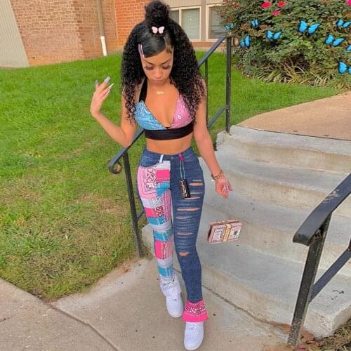 ZKYZWX Sexy Hole Patchwork Bandana Print Bodycon Jeans for Women 2021 Fashion Streetwear Elastic Mid Waist Straight Leg Pants