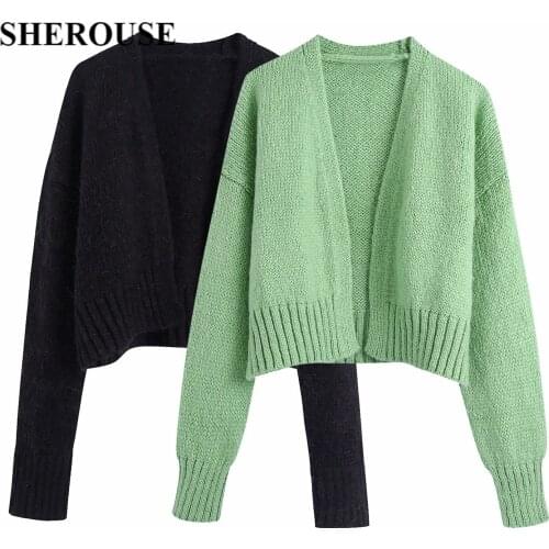 SHEROUSE Casual Women Cropped Knitted Open Cardigan Fashion Long Sleeves Vintage Woman Short Knit Sweater Chic Tops