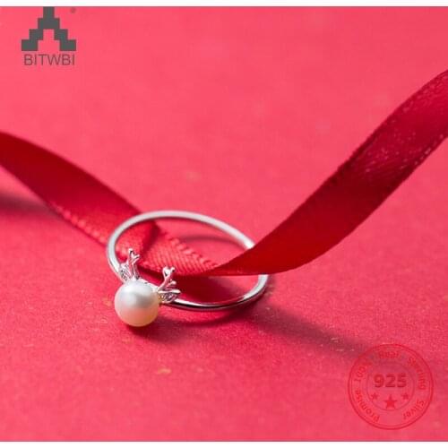 925 Sterling Silver Ring Female Japanese Korean Style Fashion Pearl Antlers Open Ring